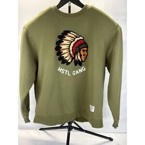 Hustle Gang Sweatshirt Mens Small Green Yellow Native American Logo Indian Head